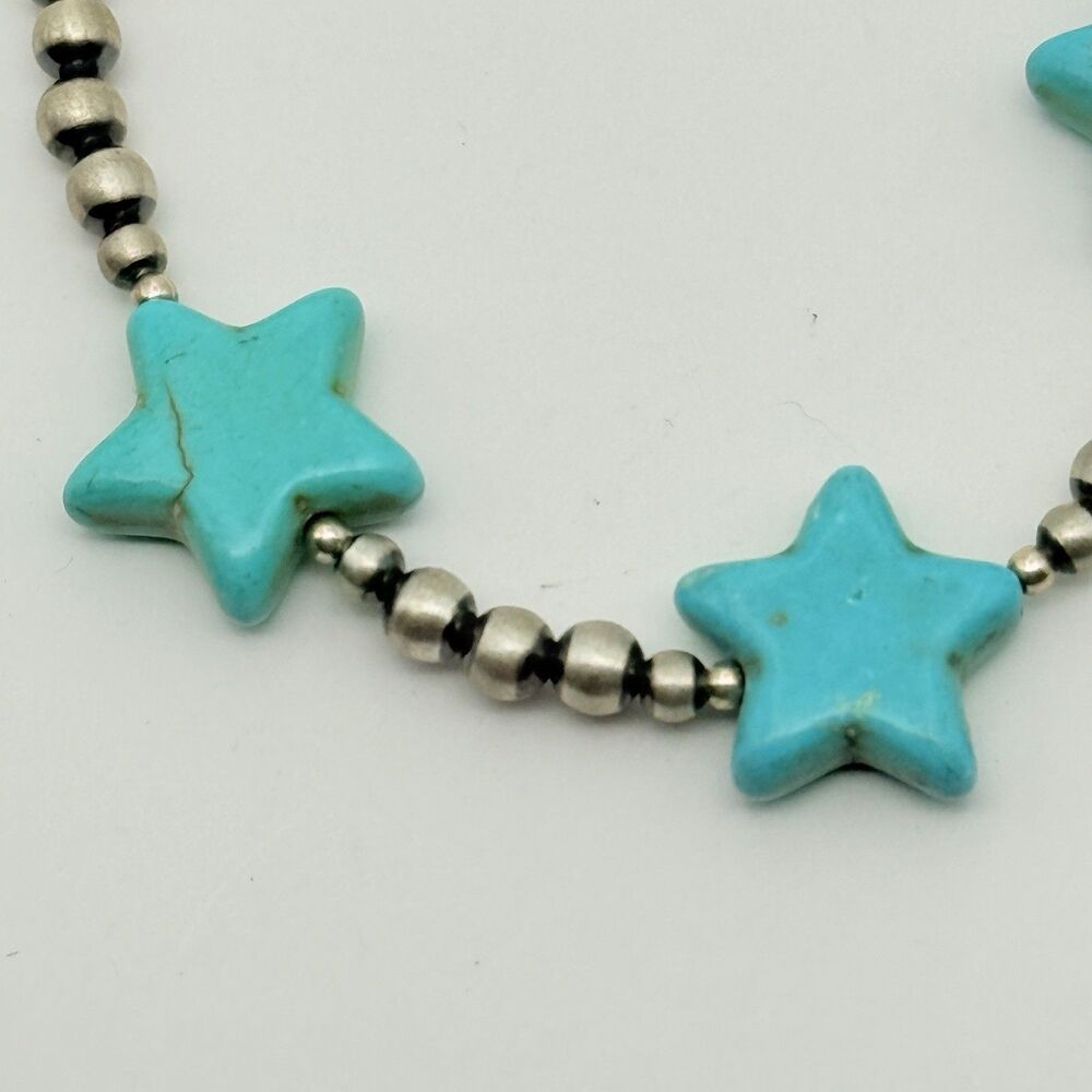 Sterling Silver Beaded Bracelet With Turquoise Stars 7” With 1” Extender - Picture 5 of 7